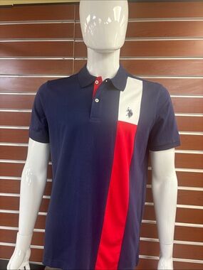 Navy Polo Shirt with Red & White Vertical Panel